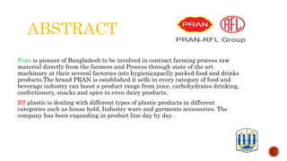 ABSTRACT
Pran is pioneer of Bangladesh to be involved in contract farming process raw
material directly from the farmers and Process through state of the art
machinary at their several factories into hygienicapaclly packed food and drinks
products.The brand PRAN is established it selfs in every category of food and
beverage industry can boost a product range from juice, carbohydrates drinking,
confectionery, snacks and spice to even dairy products.
Rfl plastic is dealing with different types of plastic products in different
categories such as house hold, Industry ware and garments accessories. The
company has been expanding in product line day by day .
 