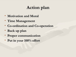 Action plan Motivation and Moral Time Management Co-ordination and Co-operation Back up plan Proper communication Put in your 100% effort 