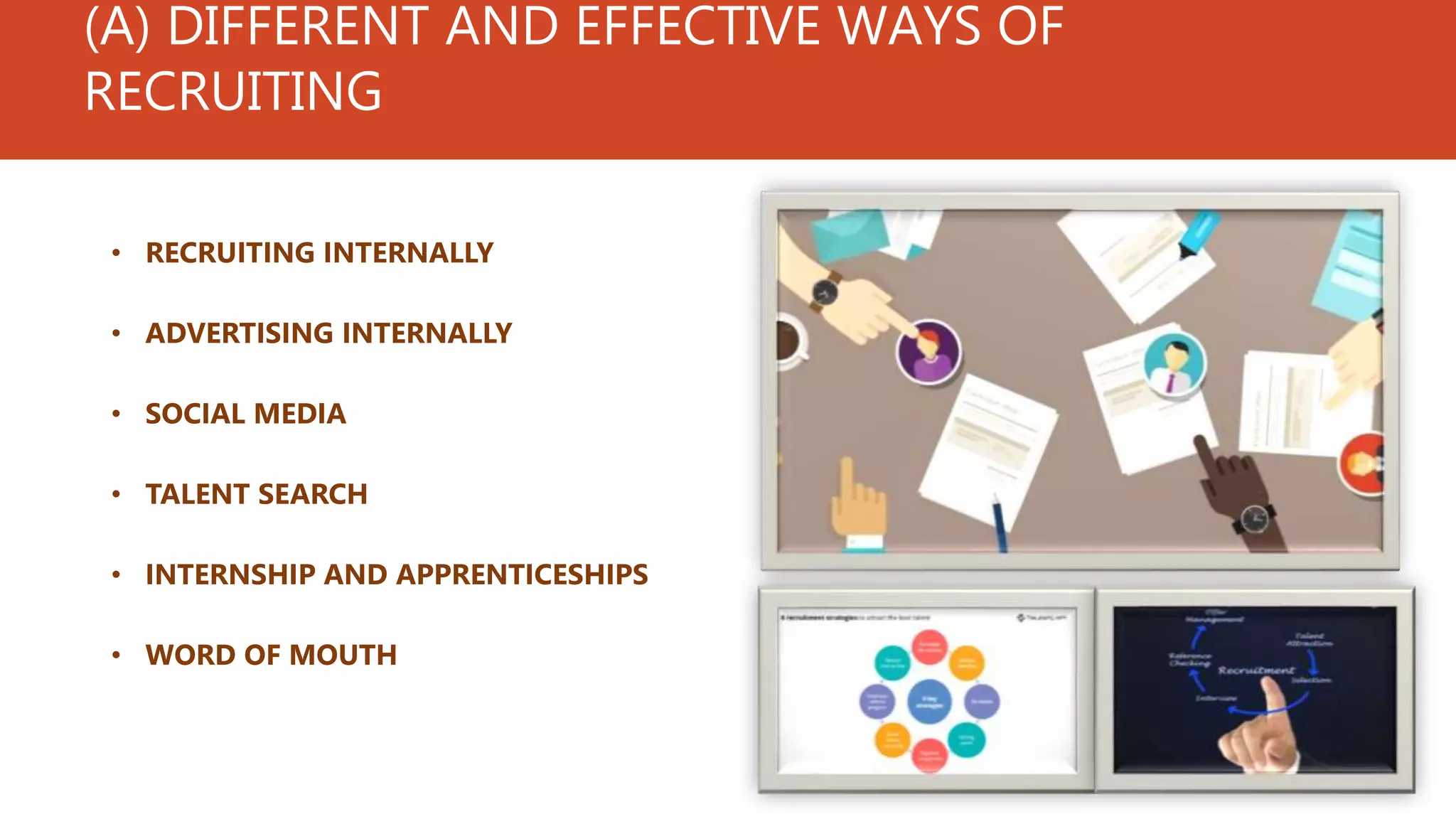 (A) DIFFERENT AND EFFECTIVE WAYS OF
RECRUITING
• RECRUITING INTERNALLY
• ADVERTISING INTERNALLY
• SOCIAL MEDIA
• TALENT SEARCH
• INTERNSHIP AND APPRENTICESHIPS
• WORD OF MOUTH
 