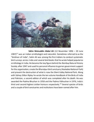 Sálim Moizuddin Abdul Ali (12 November 1896 – 20 June
1987)[1]
was an Indian ornithologist and naturalist. Sometimes referred to as the
"birdman of India", Salim Ali was among the first Indians to conduct systematic
bird surveys across India and several bird books that he wrote helped popularize
ornithology in India. He became the key figure behind the Bombay Natural History
Society after 1947 and used his personal influence to garner government support
for the organisation, create the Bharatpur bird sanctuary (Keoladeo National Park)
and prevent the destruction of what is now the Silent Valley National Park. Along
with Sidney Dillon Ripley he wrote the ten volume Handbook of the Birds of India
and Pakistan, a second edition of which was completed after his death. He was
awarded the Padma Bhushan in 1958 and the Padma Vibhushan in 1976, India's
third and second highest civilian honours respectively.[2]
Several species of birds
and a couple of bird sanctuaries and institutions have been named after him.
 