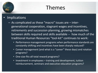 Themes
• Implications
   – As complicated as these “macro” issues are – inter-
     generational cooperation, stagnant wages and incentives,
     retirements and succession planning, growing mismatches
     between skills required and skills available -- how much of the
     traditional Human Resources “tool-kit” continues to work:
      • Performance management programs when performance standards are
        constantly shifting and incentives have been sharply reduced?
      • Career management (and what is a “career” these days) and rotation
        programs?
      • One-size-fits-all total reward programs?
      • Investment in employees – training and development, tuition
        reimbursement, seminars and executive education programs?
 