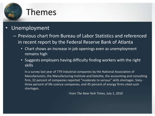Themes
• Unemployment
  – Previous chart from Bureau of Labor Statistics and referenced
    in recent report by the Federal Reserve Bank of Atlanta
     • Chart shows an increase in job openings even as unemployment
       remains high
     • Suggests employers having difficulty finding workers with the right
       skills
       In a survey last year of 779 industrial companies by the National Association of
       Manufacturers, the Manufacturing Institute and Deloitte, the accounting and consulting
       firm, 32 percent of companies reported “moderate to serious” skills shortages. Sixty-
       three percent of life science companies, and 45 percent of energy firms cited such
       shortages.
                                       - from The New York Times, July 1, 2010
 