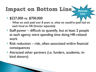 $227,000 vs. $700,000 What we each paid over 8 years vs. what we would’ve paid had we each hired an HR Director separately  Staff power – difficult to quantify, but at least 2 people at each agency were spending time doing HR-related work Risk reduction – risk, often associated w/dire financial consequences Attracted other partners (i.e. funders, academia, in-kind donors) Bottom Line 