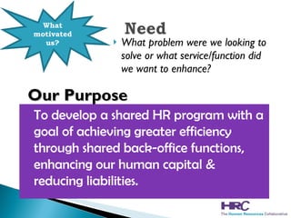 What problem were we looking to solve or what service/function did we want to enhance? What motivated us? Our Purpose To develop a shared HR program with a goal of achieving greater efficiency through shared back-office functions, enhancing our human capital & reducing liabilities. 