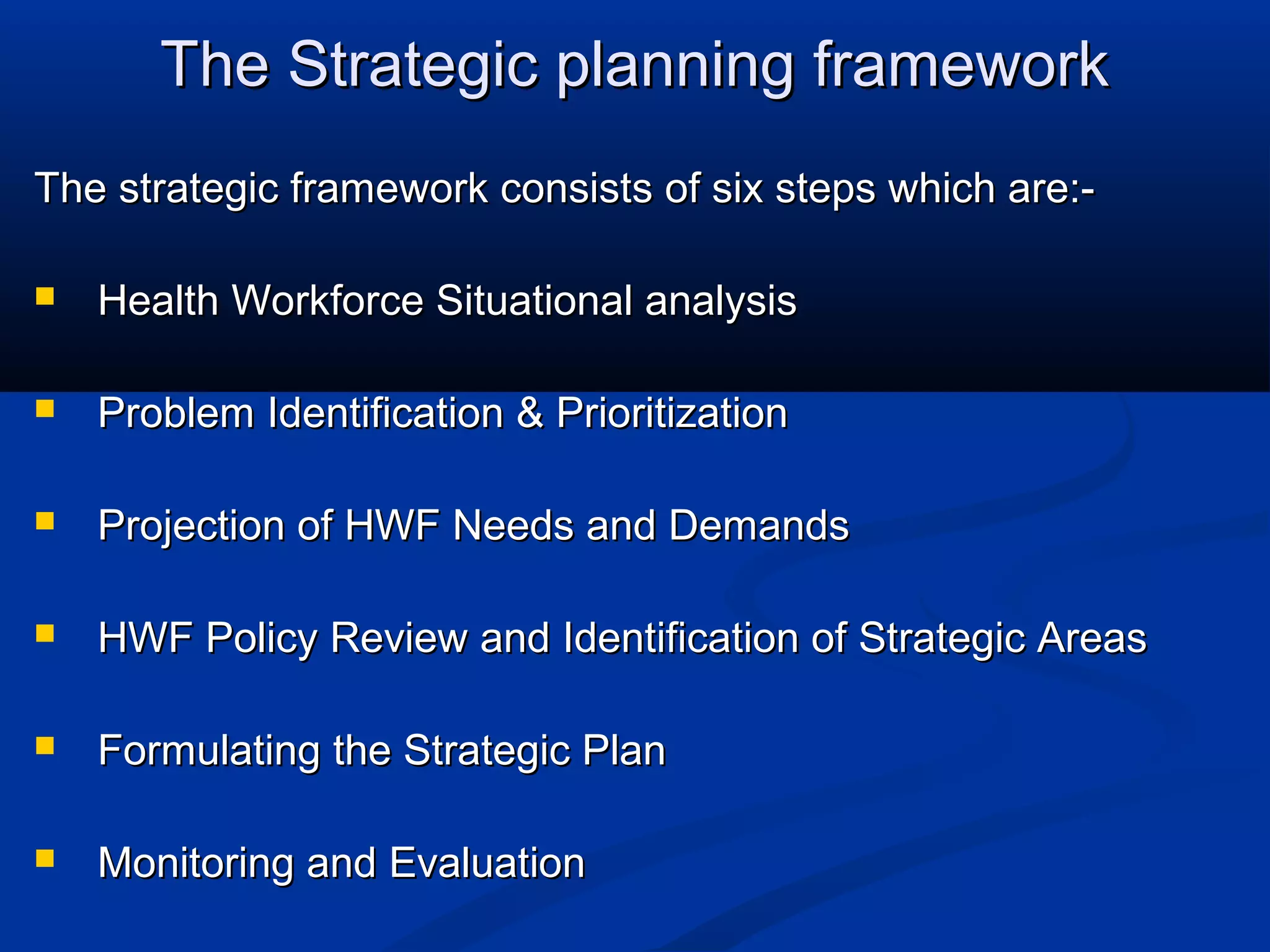 The Strategic planning framework
The strategic framework consists of six steps which are:

Health Workforce Situational analysis



Problem Identification & Prioritization



Projection of HWF Needs and Demands



HWF Policy Review and Identification of Strategic Areas



Formulating the Strategic Plan



Monitoring and Evaluation

 