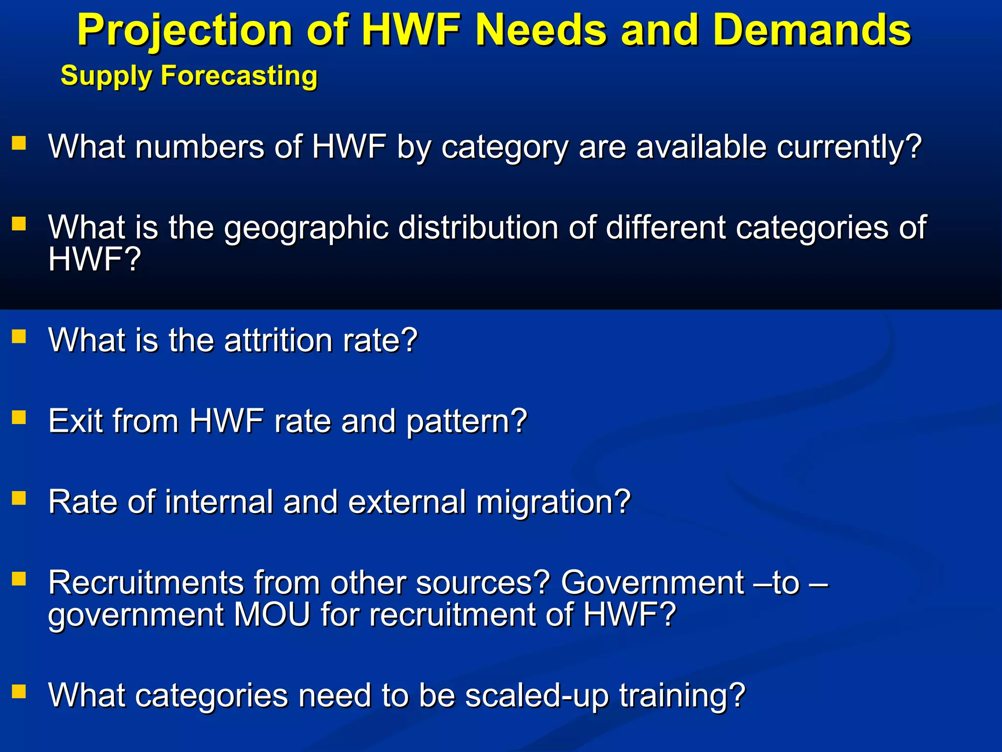 Projection of HWF Needs and Demands
Supply Forecasting


What numbers of HWF by category are available currently?



What is the geographic distribution of different categories of
HWF?



What is the attrition rate?



Exit from HWF rate and pattern?



Rate of internal and external migration?



Recruitments from other sources? Government –to –
government MOU for recruitment of HWF?



What categories need to be scaled-up training?

 