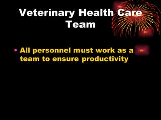 Veterinary Health Care Team All personnel must work as a team to ensure productivity 