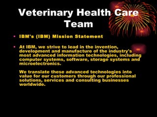 Veterinary Health Care Team IBM's (IBM) Mission Statement At IBM, we strive to lead in the invention, development and manufacture of the industry's most advanced information technologies, including computer systems, software, storage systems and microelectronics. We translate these advanced technologies into value for our customers through our professional solutions, services and consulting businesses worldwide. 
