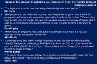Some of the greatest Punch lines on Recruitment From the world’s Greatest
Business Leaders
• "The key for us, number one, has always been hiring very smart people."
Bill Gates
• "Hire people who are better than you are, then leave them to get on with it. Look for
people who will aim for the remarkable, who will not settle for the routine." "If each of us
hires people who are smaller than we are, we shall become a company of dwarfs. But if
each of us hires people who are bigger than we are, we shall become a company of
giants."
David Ogilvy
• "When I find an employee who turns out to be wrong for a job, I feel it is my fault
because I made the decision to hire him."
Akio Morita
• "Somebody once said that in looking for people to hire, you look for three qualities:
integrity, intelligence, and energy. And if you don't have the first, the other two will kill
you. You think about it; it's true. If you hire somebody without [integrity], you really want
them to be dumb and lazy."
Warren Buffet
• "The secret of my success is that we have gone to exceptional lengths to hire the best
people in the world.""You need to have a collaborative hiring process."
Steve Jobs 16
 