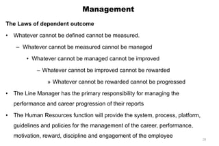 Management
The Laws of dependent outcome
• Whatever cannot be defined cannot be measured.
– Whatever cannot be measured cannot be managed
• Whatever cannot be managed cannot be improved
– Whatever cannot be improved cannot be rewarded
» Whatever cannot be rewarded cannot be progressed
• The Line Manager has the primary responsibility for managing the
performance and career progression of their reports
• The Human Resources function will provide the system, process, platform,
guidelines and policies for the management of the career, performance,
motivation, reward, discipline and engagement of the employee
28
 