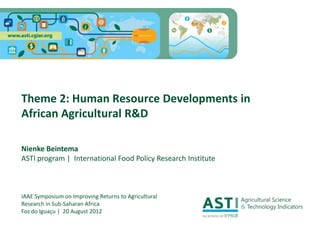 Theme 2: Human Resource Developments in
African Agricultural R&D

Nienke Beintema
ASTI program | International Food Policy Research Institute



IAAE Symposium on Improving Returns to Agricultural
Research in Sub-Saharan Africa
Foz do Iguaçu | 20 August 2012
 