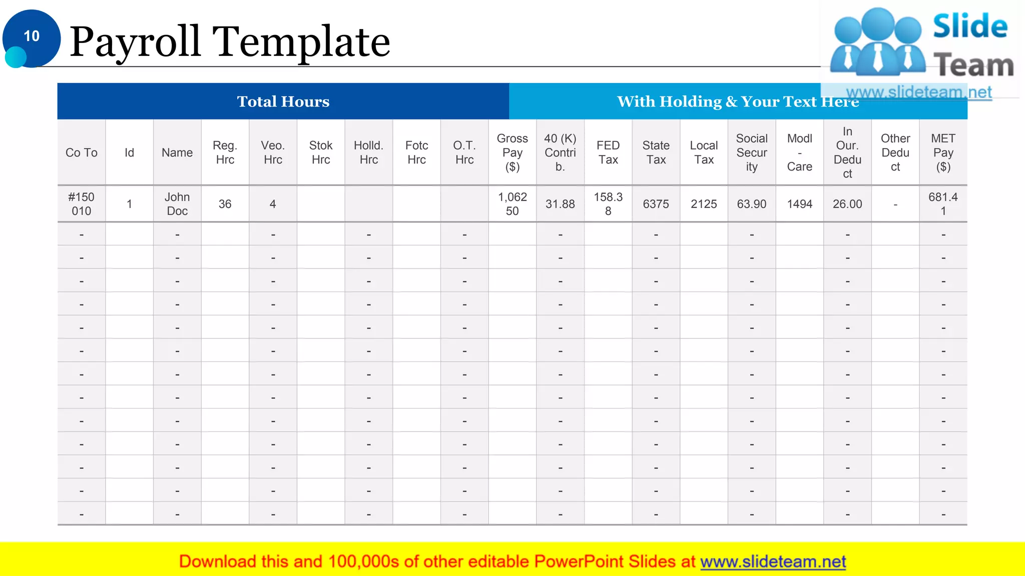 Payroll Template
Total Hours With Holding & Your Text Here
Co To Id Name
Reg.
Hrc
Veo.
Hrc
Stok
Hrc
Holld.
Hrc
Fotc
Hrc
O.T.
Hrc
Gross
Pay
($)
40 (K)
Contri
b.
FED
Tax
State
Tax
Local
Tax
Social
Secur
ity
Modl
-
Care
In
Our.
Dedu
ct
Other
Dedu
ct
MET
Pay
($)
#150
010
1
John
Doc
36 4
1,062
50
31.88
158.3
8
6375 2125 63.90 1494 26.00 -
681.4
1
- - - - - - - - - -
- - - - - - - - - -
- - - - - - - - - -
- - - - - - - - - -
- - - - - - - - - -
- - - - - - - - - -
- - - - - - - - - -
- - - - - - - - - -
- - - - - - - - - -
- - - - - - - - - -
- - - - - - - - - -
- - - - - - - - - -
- - - - - - - - - -
10
This slide is 100% editable. Adapt it to your needs and capture your audience's attention.
 