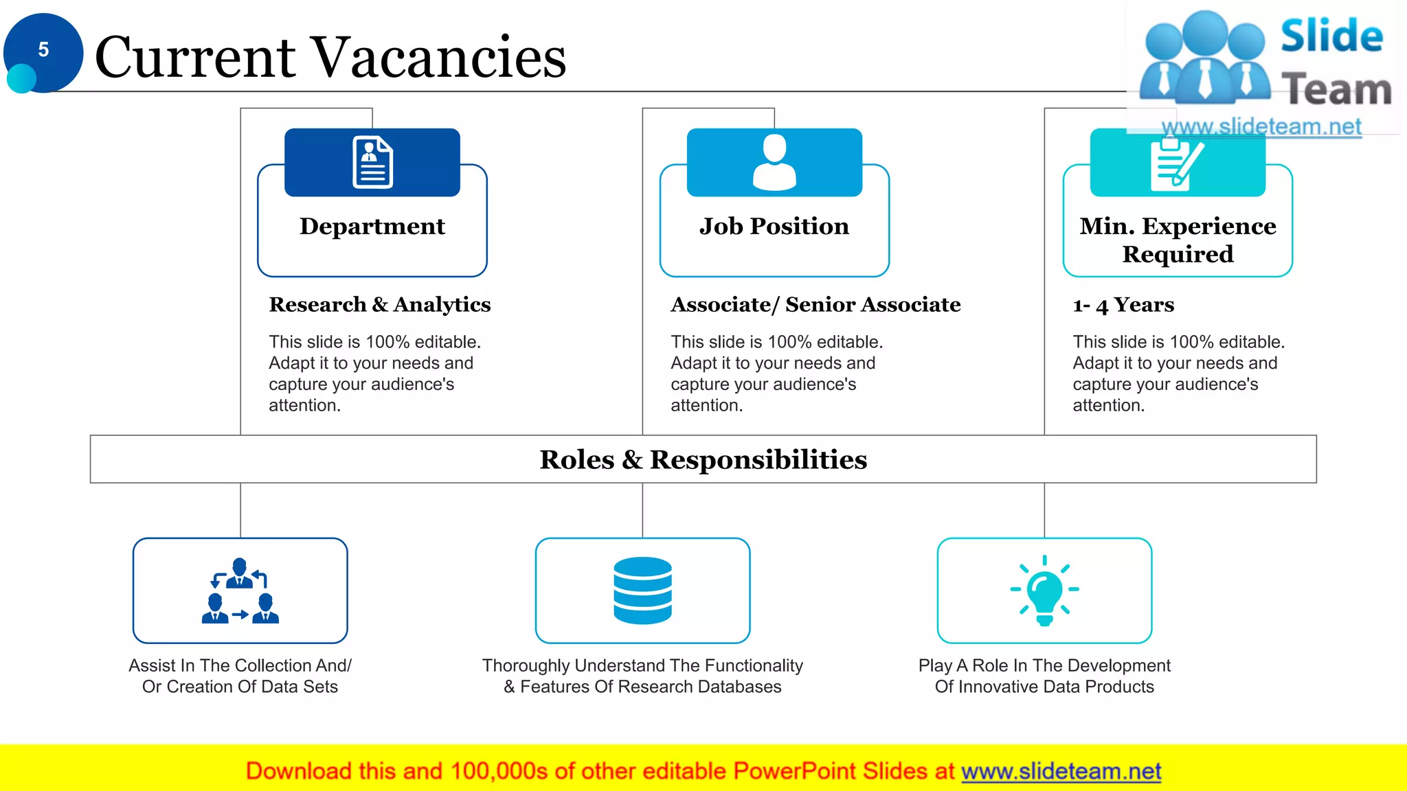 Current Vacancies5
Research & Analytics
This slide is 100% editable.
Adapt it to your needs and
capture your audience's
attention.
Department
Assist In The Collection And/
Or Creation Of Data Sets
Associate/ Senior Associate
This slide is 100% editable.
Adapt it to your needs and
capture your audience's
attention.
Job Position
Thoroughly Understand The Functionality
& Features Of Research Databases
1- 4 Years
This slide is 100% editable.
Adapt it to your needs and
capture your audience's
attention.
Min. Experience
Required
Play A Role In The Development
Of Innovative Data Products
Roles & Responsibilities
This slide is 100% editable. Adapt it to your needs and capture your audience's attention.
 