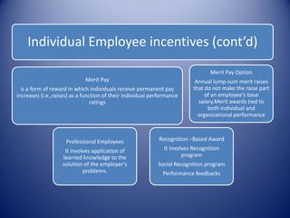 Individual Employee incentives (cont’d)
                                                                                  Merit Pay Option
                             Merit Pay                                      Annual lump-sum merit raises
  is a form of reward in which individuals receive permanent pay           that do not make the raise part
increases (i.e.,raises) as a function of their individual performance           of an employee’s base
                                ratings                                      salary.Merit awards tied to
                                                                                 both individual and
                                                                             organizational performance



                     Professional Employees                 Recognition –Based Award
                    It involves application of                 It involves Recognition
                   learned knowledge to the                            program
                   solution of the employer’s               Social Recognition program
                            problems.                         Performance feedbacks
 