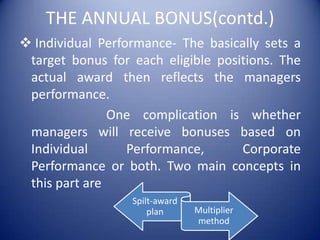 THE ANNUAL BONUS(contd.)
 Individual Performance- The basically sets a
 target bonus for each eligible positions. The
 actual award then reflects the managers
 performance.
               One complication is whether
 managers will receive bonuses based on
 Individual       Performance,      Corporate
 Performance or both. Two main concepts in
 this part are
                  Spilt-award
                      plan      Multiplier
                                method
 
