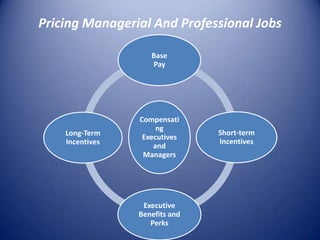 Pricing Managerial And Professional Jobs

                    Base
                    Pay




                 Compensati
                      ng
    Long-Term                   Short-term
                  Executives
    Incentives                  Incentives
                     and
                  Managers




                  Executive
                 Benefits and
                    Perks
 