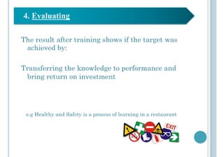 The result after training shows if the target was
achieved by:
Transferring the knowledge to performance and
bring return on investment
4. Evaluating
e.g Healthy and Safety is a process of learning in a restaurant
 