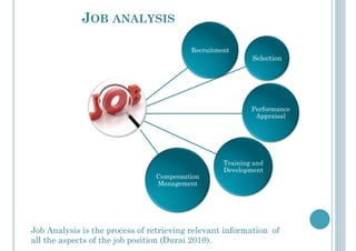 JOB ANALYSIS
Recruitment
Selection
Performance
Appraisal
Training and
Development
Compensation
Management
Job Analysis is the process of retrieving relevant information of
all the aspects of the job position (Durai 2010).
 