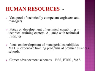 HUMAN RESOURCES -
 Vast pool of technically competent engineers and
managers.
 Focus on development of technical capabilities –
technical training centers. Alliance with technical
institutes.
 focus on development of managerial capabilities –
MTC’s, executive training programs at premier business
schools.
 Career advancement schemes – ESS, FTSS , VAS
 