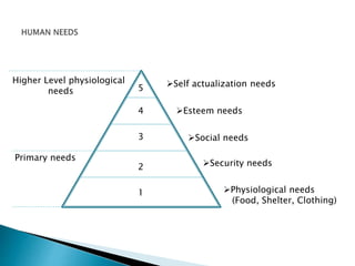 5
4
3
2
1
Self actualization needs
Esteem needs
Social needs
Security needs
Physiological needs
(Food, Shelter, Clothing)
Higher Level physiological
needs
Primary needs
 
