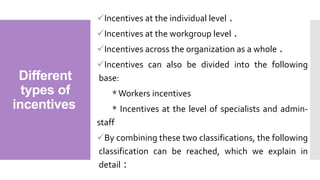 Different
types of
incentives
Incentives at the individual level .
Incentives at the workgroup level .
Incentives across the organization as a whole .
Incentives can also be divided into the following
base:
*Workers incentives
* Incentives at the level of specialists and admin-
staff
By combining these two classifications, the following
classification can be reached, which we explain in
detail :
 