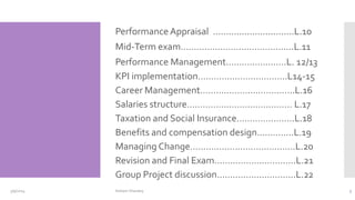 Performance Appraisal …….........................L.10
Mid-Term exam…………………………………….L.11
Performance Management….................…L. 12/13
KPI implementation………………….…………L14-15
Career Management………………….…………..L.16
Salaries structure…………………………………. L.17
Taxation and Social Insurance………………….L.18
Benefits and compensation design………..…L.19
Managing Change…………………………...…….L.20
Revision and Final Exam………………………….L.21
Group Project discussion…………………………L.22
3/9/2024 3
Hisham Sharawy
 