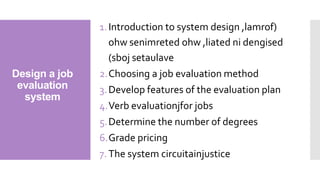 Design a job
evaluation
system
1.Introduction to system design ,lamrof(
ohw senimreted ohw ,liated ni dengised
)sboj setaulave
2.Choosing a job evaluation method
3.Develop features of the evaluation plan
4.Verb evaluationjfor jobs
5.Determine the number of degrees
6.Grade pricing
7. The system circuitainjustice
 