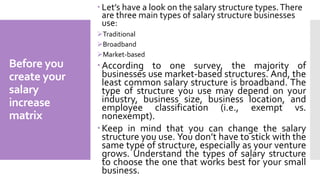 Before you
create your
salary
increase
matrix
 Let’s have a look on the salary structure types.There
are three main types of salary structure businesses
use:
Traditional
Broadband
Market-based
According to one survey, the majority of
businesses use market-based structures. And, the
least common salary structure is broadband. The
type of structure you use may depend on your
industry, business size, business location, and
employee classification (i.e., exempt vs.
nonexempt).
Keep in mind that you can change the salary
structure you use. You don’t have to stick with the
same type of structure, especially as your venture
grows. Understand the types of salary structure
to choose the one that works best for your small
business.
 