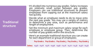 Traditional
structure
 It’s divided into numerous pay grades. Salary increases
are relatively small jumps between pay grades.
Employers can use traditional structures to prevent
employees from capping out at the maximum salary
too quickly.
 Decide what an employee needs to do to move onto
the next pay grade. You may use a variety of metrics
to determine a pay raise, such as performance and
length of employment.
 Set the minimum and maximum salary range for each
employee or employee group. Then, determine the
number of pay grades within the structure.
 Here’s an example traditional structure you can create
for each department or group of employees:
Pay Grade 1 Pay Grade 2 Pay Grade 3 Pay Grade 4 Pay Grade 5
Salary $35k – $37k $37k – $39k $39k – $41k $41k – $43k $43k – $45k
 