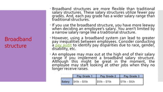 Broadband
structure
 Broadband structures are more flexible than traditional
salary structures. These salary structures utilize fewer pay
grades. And, each pay grade has a wider salary range than
traditional structures.
 If you use the broadband structure, you have more leeway
when deciding an employee’s salary. You aren’t limited by
a narrow salary range like a traditional structure.
 However, using a broadband system can lead to greater
pay inequalities between employees. Consider conducting
a pay audit to identify pay disparities due to race, gender,
disability, etc.
 An employee may max out at the high end of their salary
range if you implement a broadband salary structure.
Although this might be great in the moment, the
employee may start looking at other jobs when they no
longer receive raises.
Pay Grade 1 Pay Grade 2 Pay Grade 3
Salary $45k – $55k $55k – $70k $70k – $92k
 