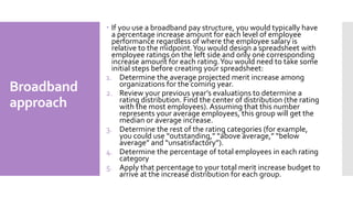 Broadband
approach
 If you use a broadband pay structure, you would typically have
a percentage increase amount for each level of employee
performance regardless of where the employee salary is
relative to the midpoint.You would design a spreadsheet with
employee ratings on the left side and only one corresponding
increase amount for each rating.You would need to take some
initial steps before creating your spreadsheet:
1. Determine the average projected merit increase among
organizations for the coming year.
2. Review your previous year’s evaluations to determine a
rating distribution. Find the center of distribution (the rating
with the most employees). Assuming that this number
represents your average employees, this group will get the
median or average increase.
3. Determine the rest of the rating categories (for example,
you could use “outstanding,” “above average,” “below
average” and “unsatisfactory”).
4. Determine the percentage of total employees in each rating
category
5. Apply that percentage to your total merit increase budget to
arrive at the increase distribution for each group.
 
