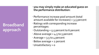 Broadband
approach
 you may simply make an educated guess on
the performance distribution:
 Performance increase pool amount (total
amount available for increases) = 3.5 percent
 Ratings with corresponding increase
percentages:
 Outstanding = 5.5 percent to 6 percent
 Above average = 4.5 to 5 percent
 Average = 3.5 to 4 percent
 Below average = 2 percent
 Unsatisfactory = 0
 