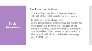 Social
Insurance
Employer contributions
 The employer contribution percentage is
18.75% of the total social insurance salary.
 In addition to the above, any
managers/board of directors whose names are
included in the commercial register of the
company will be socially insured as employers
and would be subject to social insurance at a
flat rate of 21% of the total maximum wage
(i.e. EGP 8,100).
 