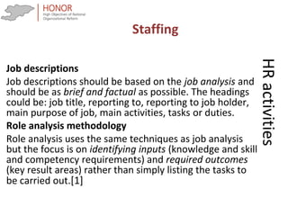 HRactivities
Job descriptions
Job descriptions should be based on the job analysis and
should be as brief and factual as possible. The headings
could be: job title, reporting to, reporting to job holder,
main purpose of job, main activities, tasks or duties.
Role analysis methodology
Role analysis uses the same techniques as job analysis
but the focus is on identifying inputs (knowledge and skill
and competency requirements) and required outcomes
(key result areas) rather than simply listing the tasks to
be carried out.[1]
Staffing
 