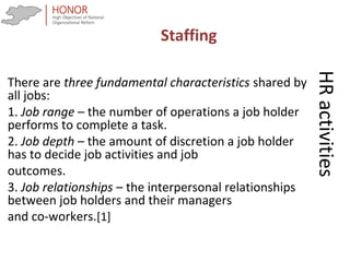 HRactivities
There are three fundamental characteristics shared by
all jobs:
1. Job range – the number of operations a job holder
performs to complete a task.
2. Job depth – the amount of discretion a job holder
has to decide job activities and job
outcomes.
3. Job relationships – the interpersonal relationships
between job holders and their managers
and co-workers.[1]
Staffing
 