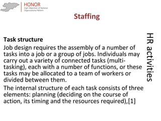 HRactivities
Task structure
Job design requires the assembly of a number of
tasks into a job or a group of jobs. Individuals may
carry out a variety of connected tasks (multi-
tasking), each with a number of functions, or these
tasks may be allocated to a team of workers or
divided between them.
The internal structure of each task consists of three
elements: planning (deciding on the course of
action, its timing and the resources required),[1]
Staffing
 