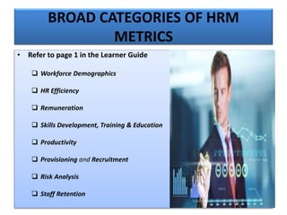 BROAD CATEGORIES OF HRM
METRICS
• Refer to page 1 in the Learner Guide
 Workforce Demographics
 HR Efficiency
 Remuneration
 Skills Development, Training & Education
 Productivity
 Provisioning and Recruitment
 Risk Analysis
 Staff Retention
 