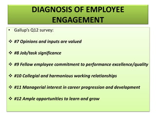 • Gallup’s Q12 survey:
 #7 Opinions and inputs are valued
 #8 Job/task significance
 #9 Fellow employee commitment to performance excellence/quality
 #10 Collegial and harmonious working relationships
 #11 Managerial interest in career progression and development
 #12 Ample opportunities to learn and grow
DIAGNOSIS OF EMPLOYEE
ENGAGEMENT
 