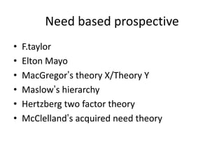 Need based prospective
• F.taylor
• Elton Mayo
• MacGregor’s theory X/Theory Y
• Maslow’s hierarchy
• Hertzberg two factor theory
• McClelland’s acquired need theory
 