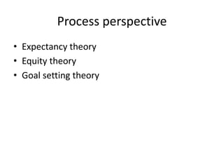 Process perspective
• Expectancy theory
• Equity theory
• Goal setting theory
 