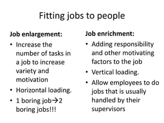 Fitting jobs to people
Job enlargement:
• Increase the
number of tasks in
a job to increase
variety and
motivation
• Horizontal loading.
• 1 boring job2
boring jobs!!!
Job enrichment:
• Adding responsibility
and other motivating
factors to the job
• Vertical loading.
• Allow employees to do
jobs that is usually
handled by their
supervisors
 