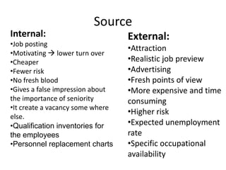 Source
Internal:
•Job posting
•Motivating  lower turn over
•Cheaper
•Fewer risk
•No fresh blood
•Gives a false impression about
the importance of seniority
•It create a vacancy some where
else.
•Qualification inventories for
the employees
•Personnel replacement charts
External:
•Attraction
•Realistic job preview
•Advertising
•Fresh points of view
•More expensive and time
consuming
•Higher risk
•Expected unemployment
rate
•Specific occupational
availability
 