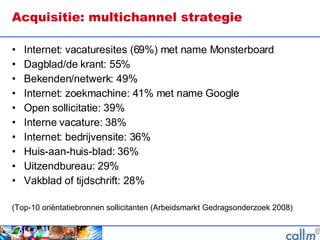 Acquisitie: multichannel strategie Internet: vacaturesites (69%) met name Monsterboard Dagblad/de krant: 55% Bekenden/netwerk: 49% Internet: zoekmachine: 41% met name Google Open sollicitatie: 39% Interne vacature: 38% Internet: bedrijvensite: 36% Huis-aan-huis-blad: 36% Uitzendbureau: 29% Vakblad of tijdschrift: 28% (Top-10 oriëntatiebronnen sollicitanten (Arbeidsmarkt Gedragsonderzoek 2008) 
