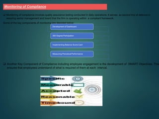  Monitoring of compliance involves quality assurance testing conducted in daily operations. It serves as second line of defence in
assuring senior management and board that the firm is operating within a compliant framework.
Some of the key components of monitoring are depicted below:
 Another Key Component of Compliance including employee engagement is the development of SMART Objectives. This
ensures that employees understand of what is required of them at each interval.
Development of Dashboard
360 Degree Partcipation
Implementing Balance Score Card
Measuring Periodical Performance
Monitoring of Compliance
 