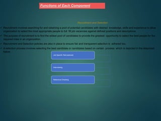 Recruitment and Selection
 Recruitment involves searching for and obtaining a pool of potential candidates with desired knowledge, skills and experience to allow
organization to select the most appropriate people to full fill job vacancies against defined positions and descriptions.
 The purpose of recruitment is to find the widest pool of candidates to provide the greatest opportunity to select the best people for the
required roles in an organization.
 Recruitment and Selection policies are also in place to ensure fair and transparent selection is adhered too.
 A selection process involves selecting the best candidate or candidates based on certain process which is depicted in the ddepicted
below:
Job Specific Test (optional)
Interviewing
Reference Checking
Functions of Each Component
 