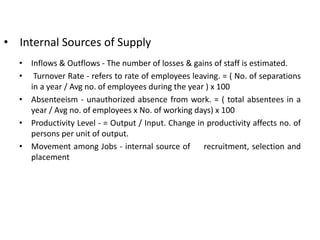 • Internal Sources of Supply
• Inflows & Outflows - The number of losses & gains of staff is estimated.
• Turnover Rate - refers to rate of employees leaving. = ( No. of separations
in a year / Avg no. of employees during the year ) x 100
• Absenteeism - unauthorized absence from work. = ( total absentees in a
year / Avg no. of employees x No. of working days) x 100
• Productivity Level - = Output / Input. Change in productivity affects no. of
persons per unit of output.
• Movement among Jobs - internal source of recruitment, selection and
placement
 
