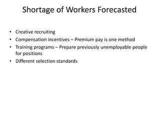 Shortage of Workers Forecasted
• Creative recruiting
• Compensation incentives – Premium pay is one method
• Training programs – Prepare previously unemployable people
for positions
• Different selection standards
 