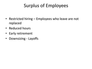 Surplus of Employees
• Restricted hiring – Employees who leave are not
replaced
• Reduced hours
• Early retirement
• Downsizing - Layoffs
 