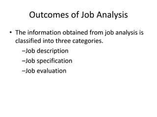 Outcomes of Job Analysis
• The information obtained from job analysis is
classified into three categories.
–Job description
–Job specification
–Job evaluation
 