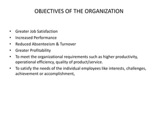 OBJECTIVES OF THE ORGANIZATION
• Greater Job Satisfaction
• Increased Performance
• Reduced Absenteeism & Turnover
• Greater Profitability
• To meet the organizational requirements such as higher productivity,
operational efficiency, quality of product/service.
• To satisfy the needs of the individual employees like interests, challenges,
achievement or accomplishment,
 